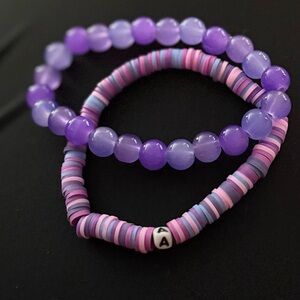 Handmade Purple Stretch Bracelet Set with Initial “A” Accent